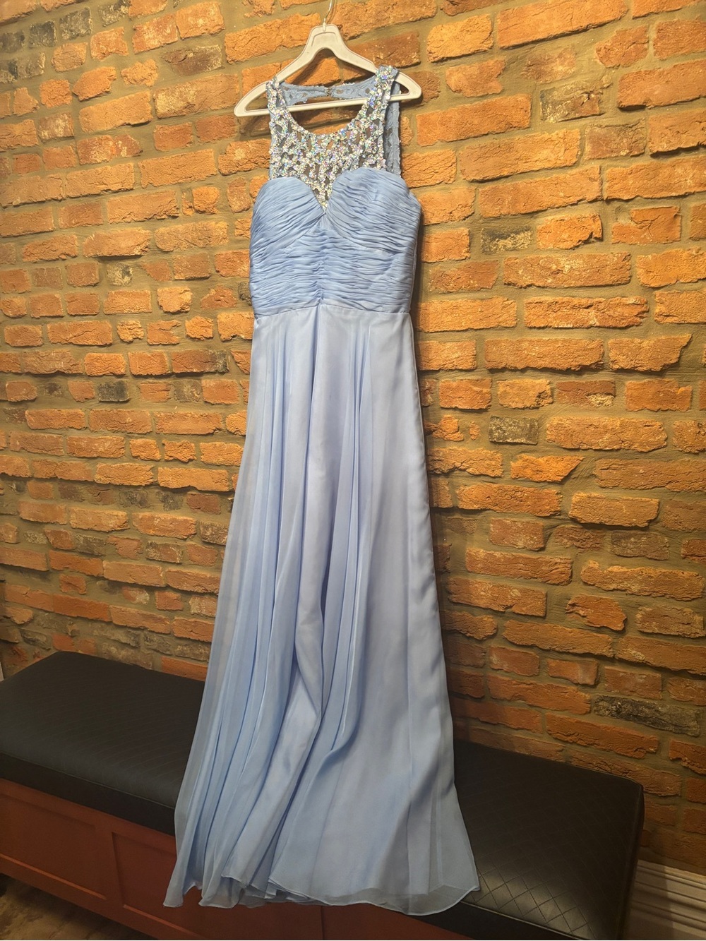 Light Blue Beaded Illusion Neckline Chiffon Prom Dress